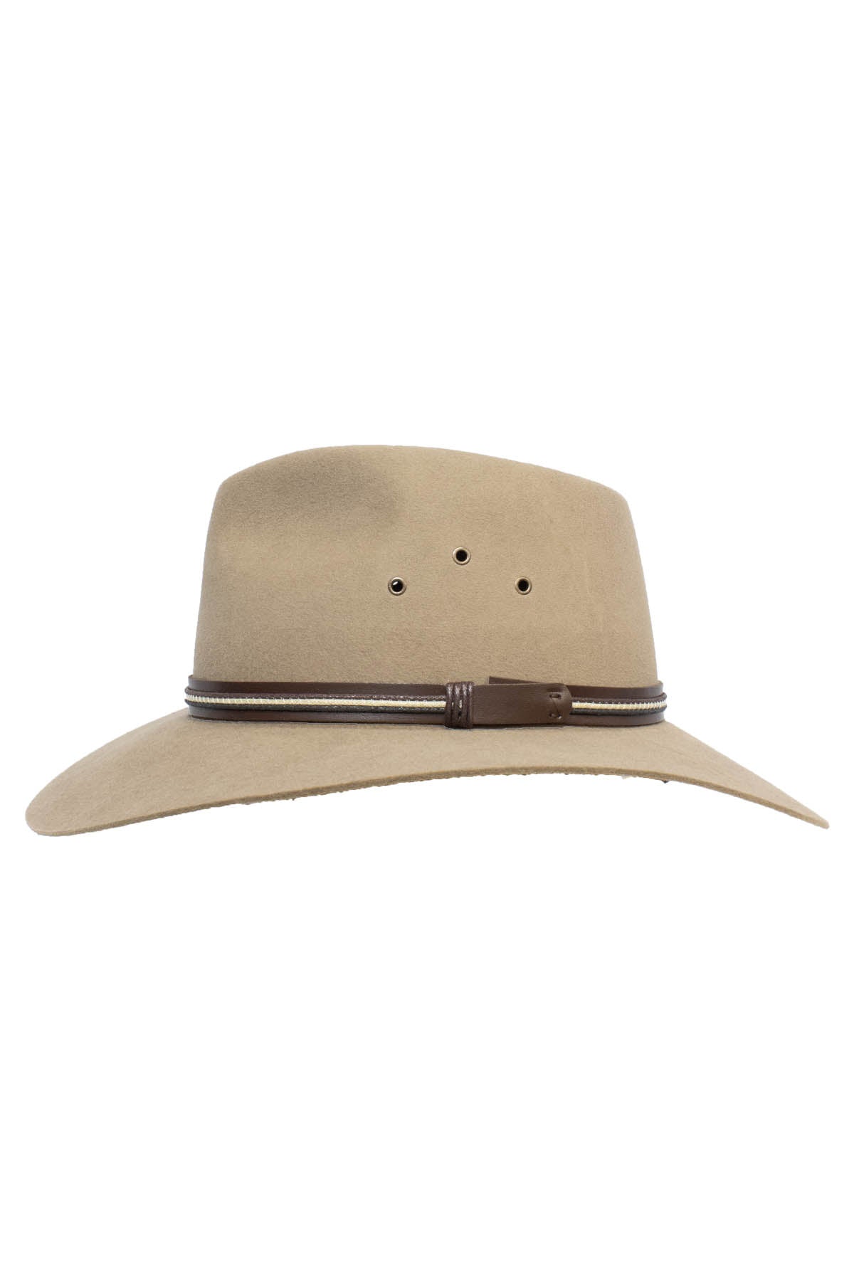 The Sovereign Cattleman is a wide-brimmed tan hat featuring vent holes on the crown and a sleek, decorative leather hat band around the base.