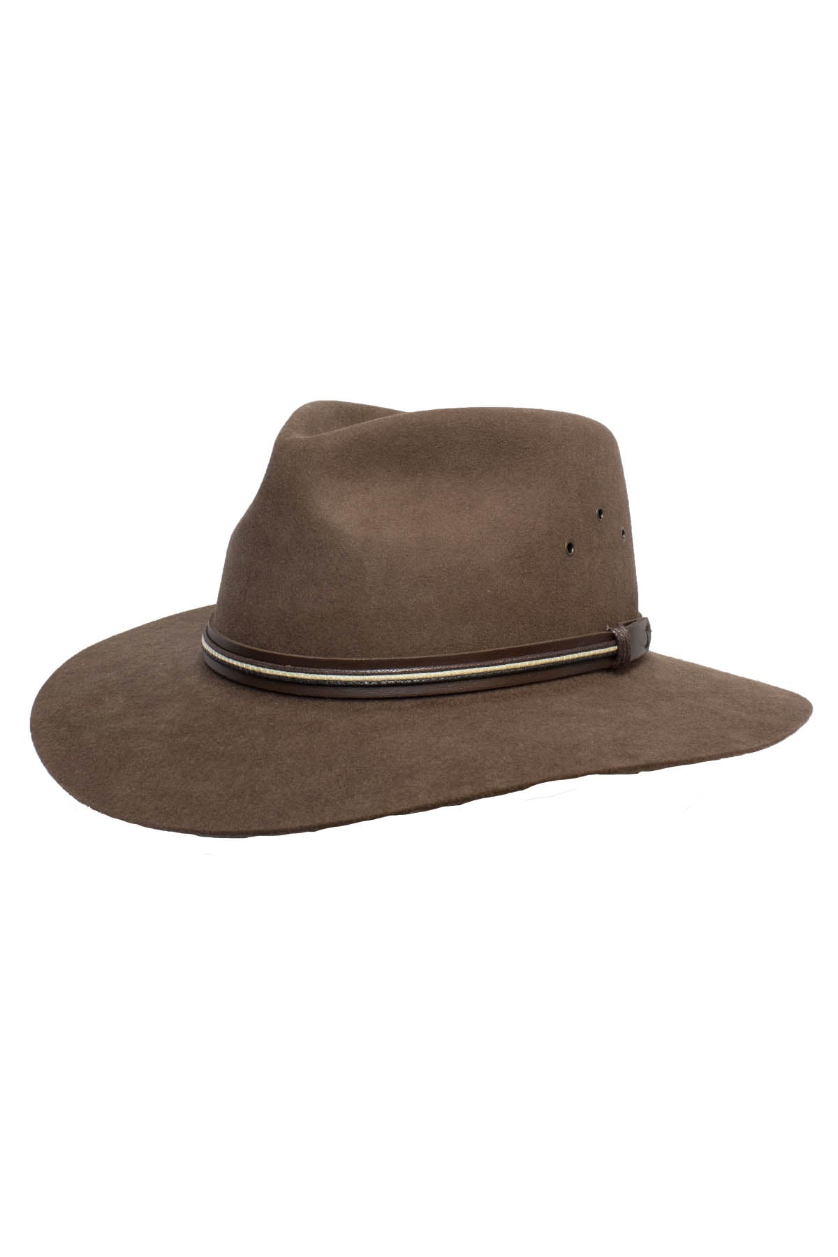 The Sovereign Cattleman is a brown felt fedora made from Rabbit Fur Felt, featuring a wide brim and a leather hatband, elegantly displayed on a plain white background.