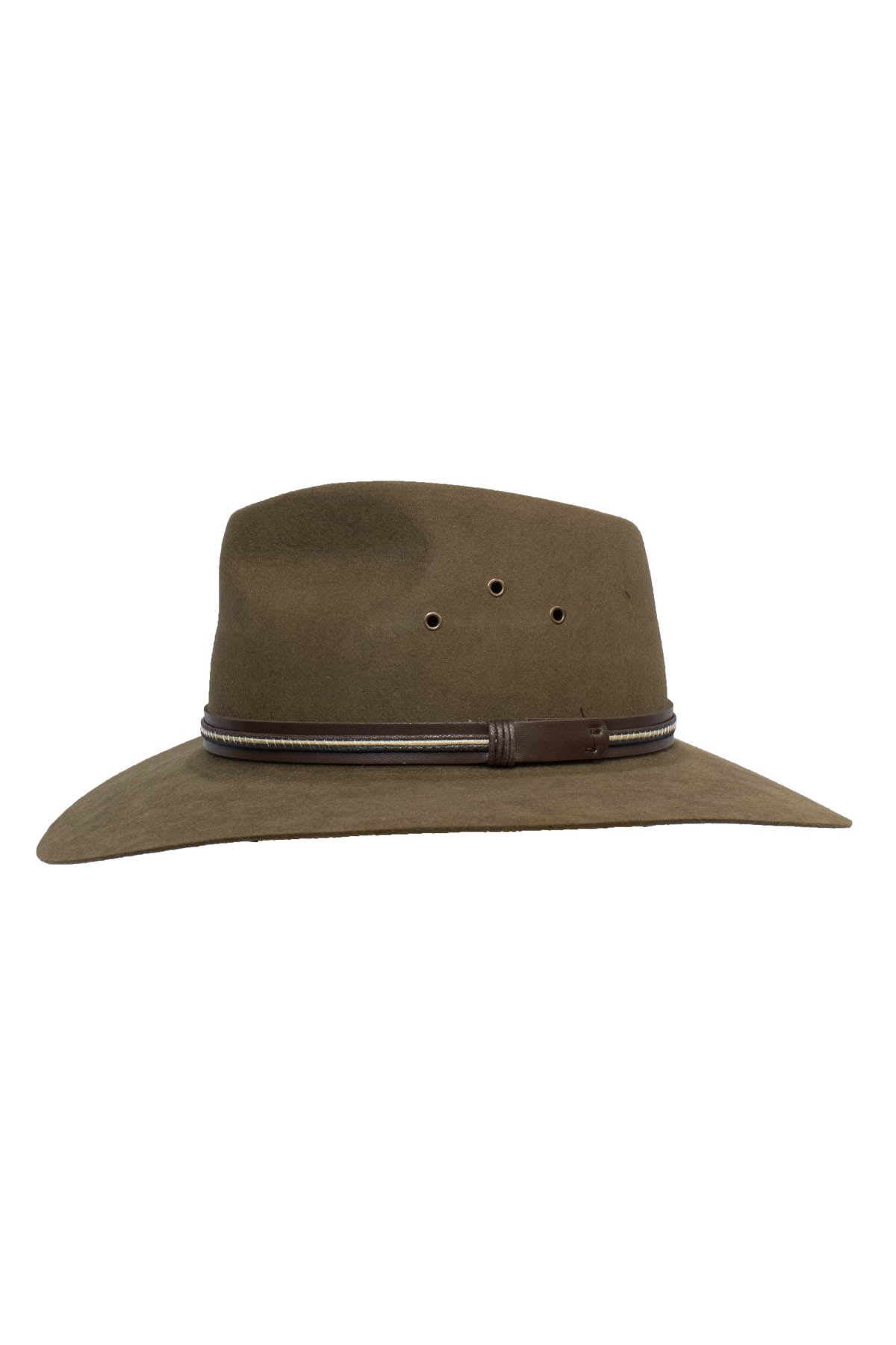 The Sovereign Cattleman is a brown rabbit fur felt hat with a wide brim, simple leather band, and ventilation holes on both sides for comfort.