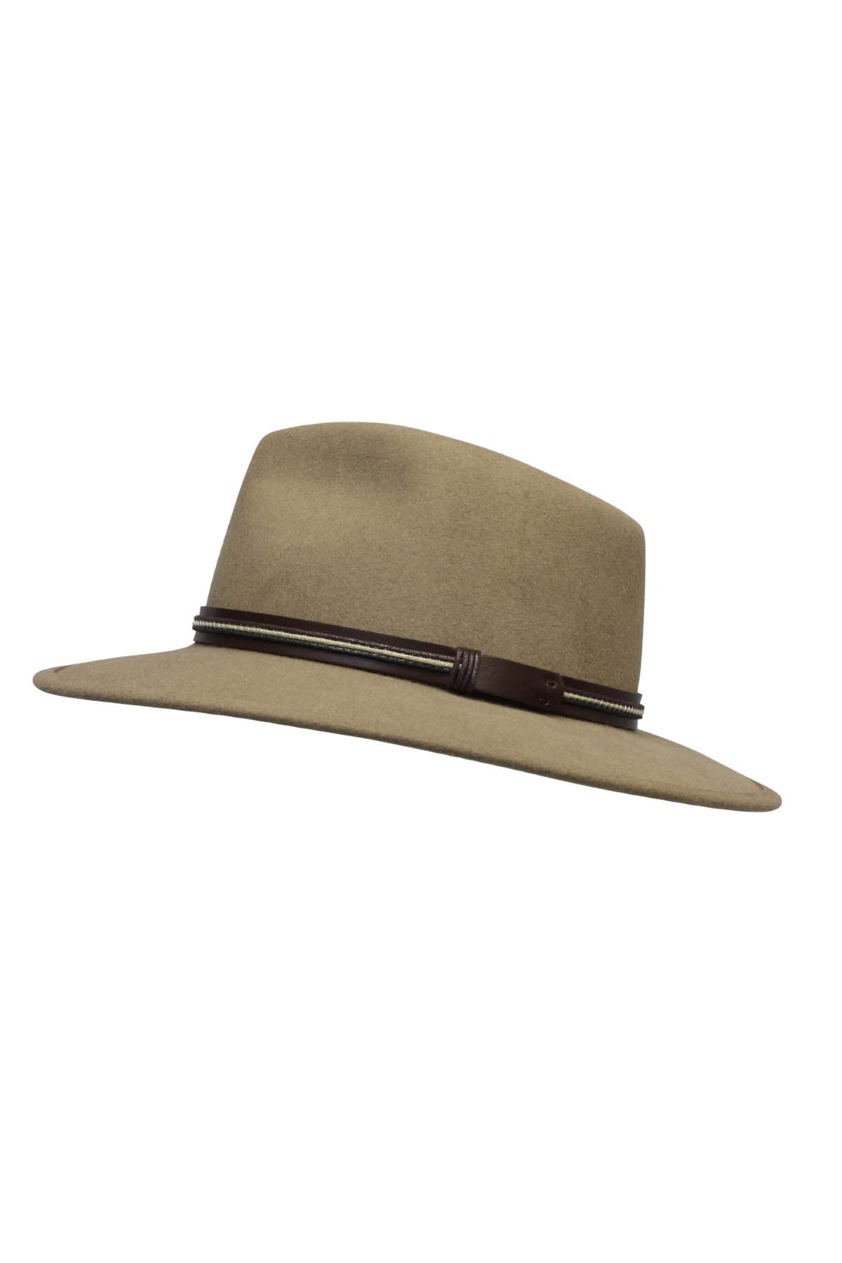 The Sovereign Traveller is a tan wide-brimmed hat made from pliable felt, featuring a dark brown leather band and decorative stitching around the crown, shown against a white background.