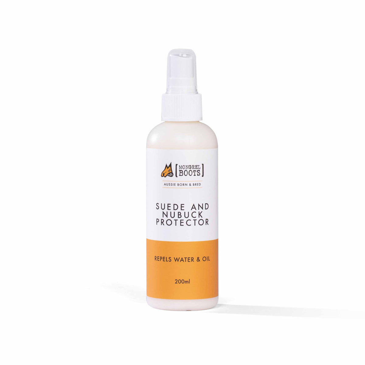 A white spray pump bottle of Mongrel Suede & Nubuck Protector Spray with orange accents, labeled "Repels Water & Oil" and "200ml.