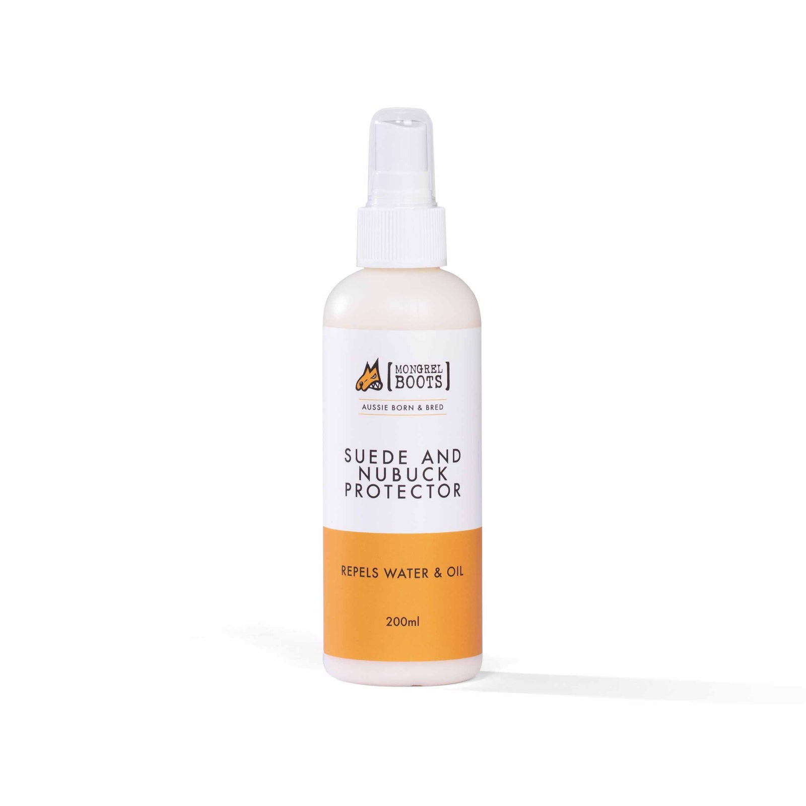 A white spray pump bottle of Mongrel Suede & Nubuck Protector Spray with orange accents, labeled "Repels Water & Oil" and "200ml.