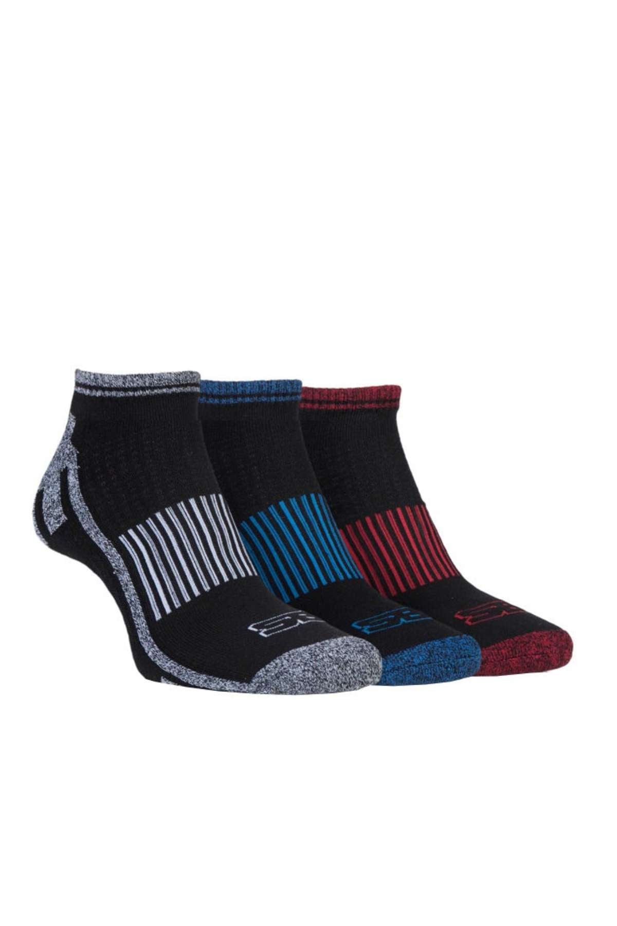The Storm Bloc 3 Pack Ankle Cushion Sock offers three pairs of socks in black, accented with gray, blue, and red. Each pair boasts a striped design at the top, multicolored toes and heels, and a cushioned sole for maximum comfort. Made from performance polyester, these socks are ideal for any activity.