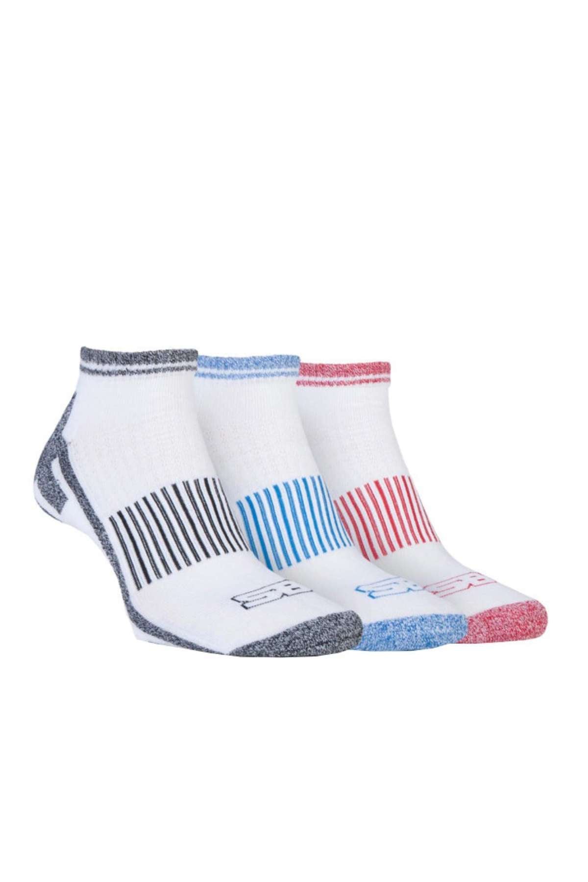 Introducing the Storm Bloc 3 Pack Ankle Cushion Socks, expertly crafted from performance polyester. This set features three pairs of athletic ankle socks, each with a white base complemented by striking colored accents: one pair showcases black, another blue, and the third red embellishments. Designed with decorative stripes and equipped with a heavy cushioned sole for exceptional comfort, these socks provide premium support for your active lifestyle.