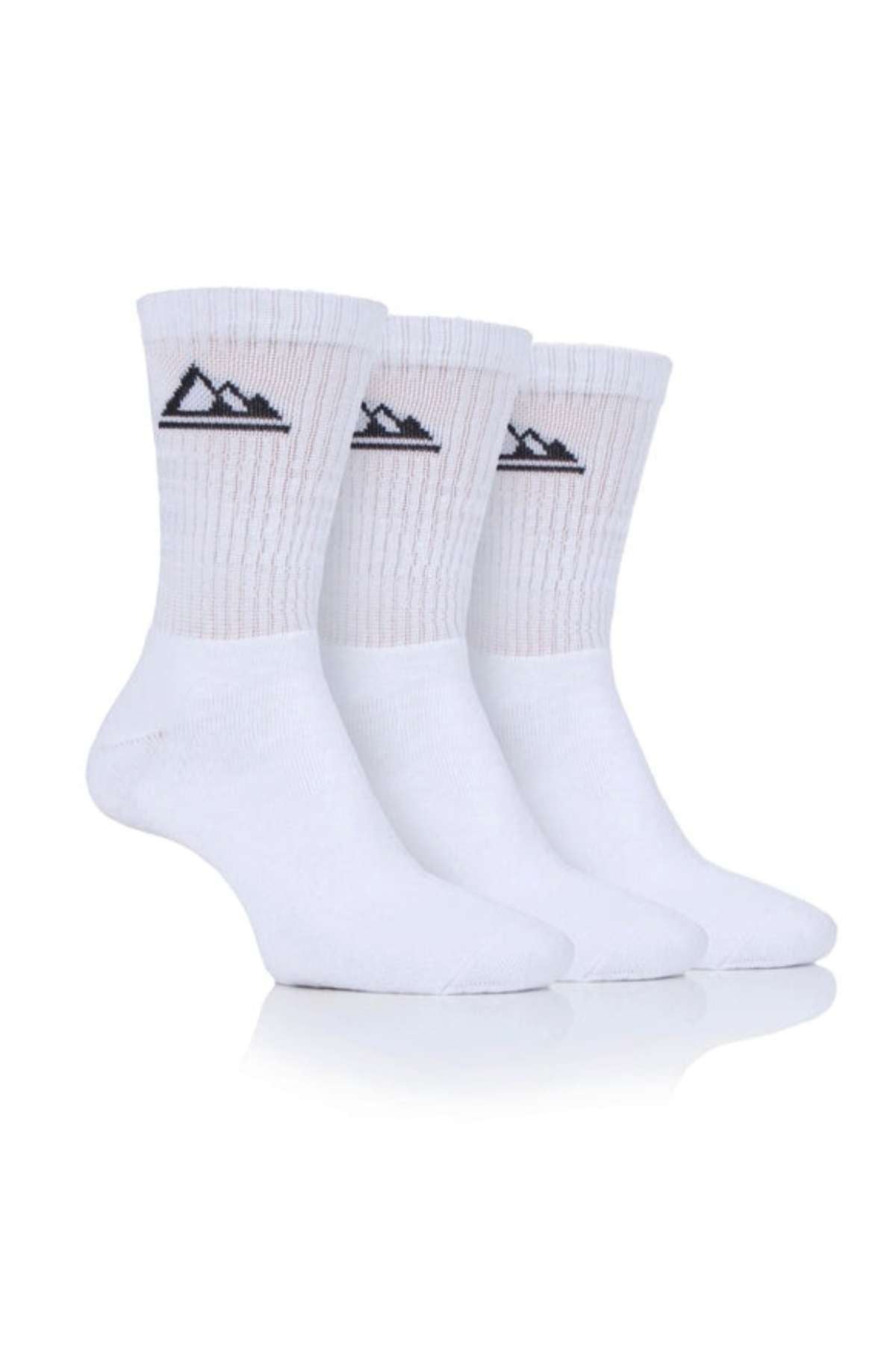 A set of Storm Bloc 3 Pack Crew Cushion Socks, each featuring ribbed cuffs and a subtle black mountain triangle logo, designed for outdoor activities. These white socks are displayed at an angle, standing upright on an invisible platform, showcasing their textured finish.