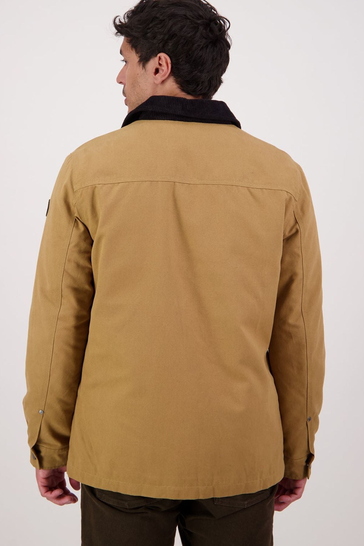A man with short dark hair, seen from behind, wears a Swanndri Barrytown V3 Canvas Jacket with a black collar and dark pants. His arms are relaxed at his sides as he stands against a plain light background.