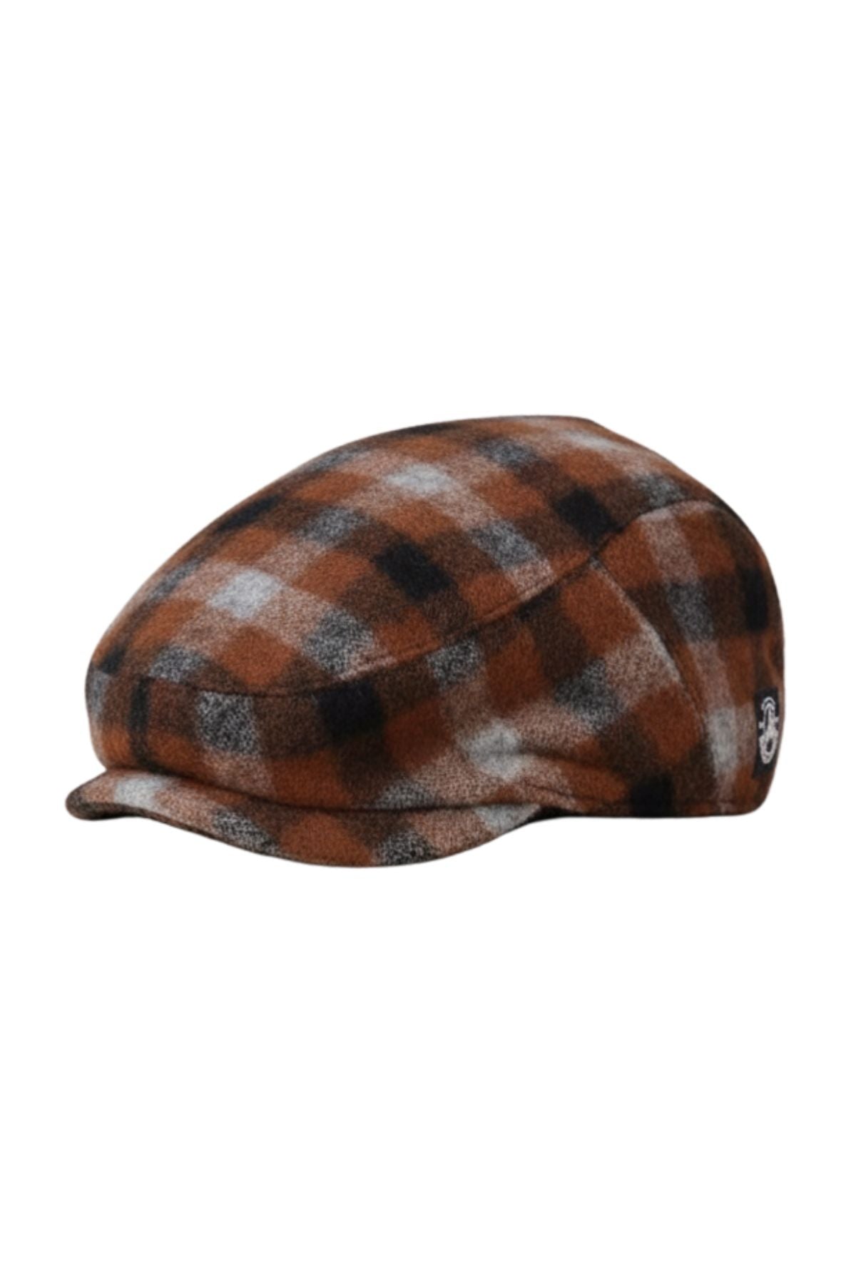 The Swanndri Bristol Flat Cap, shown on a plain white background, is a brown, black, and white check flat cap in soft merino wool with a small visor and side fabric button detail.