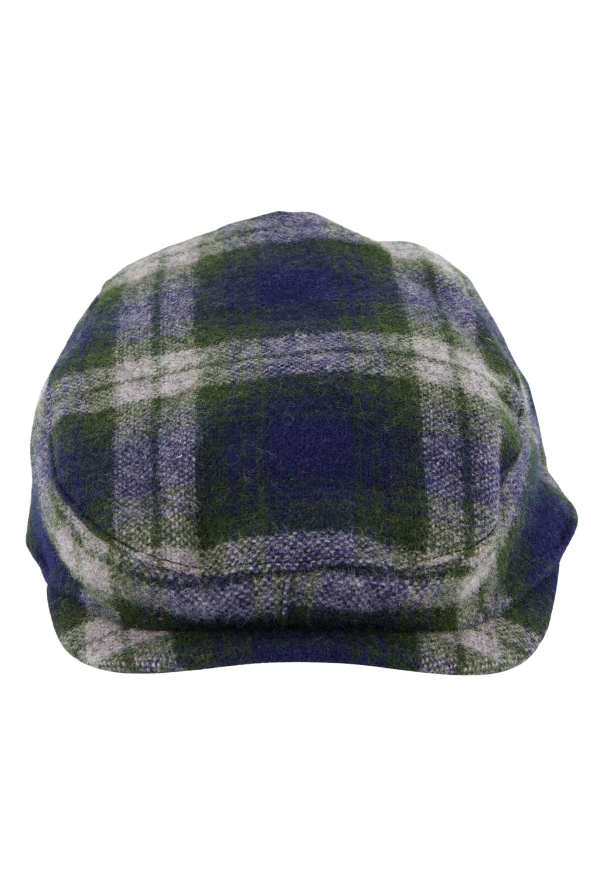 The Swanndri Bristol Flat Cap in green, blue, and gray Teddington Check merino wool is shown from the front on a white background.