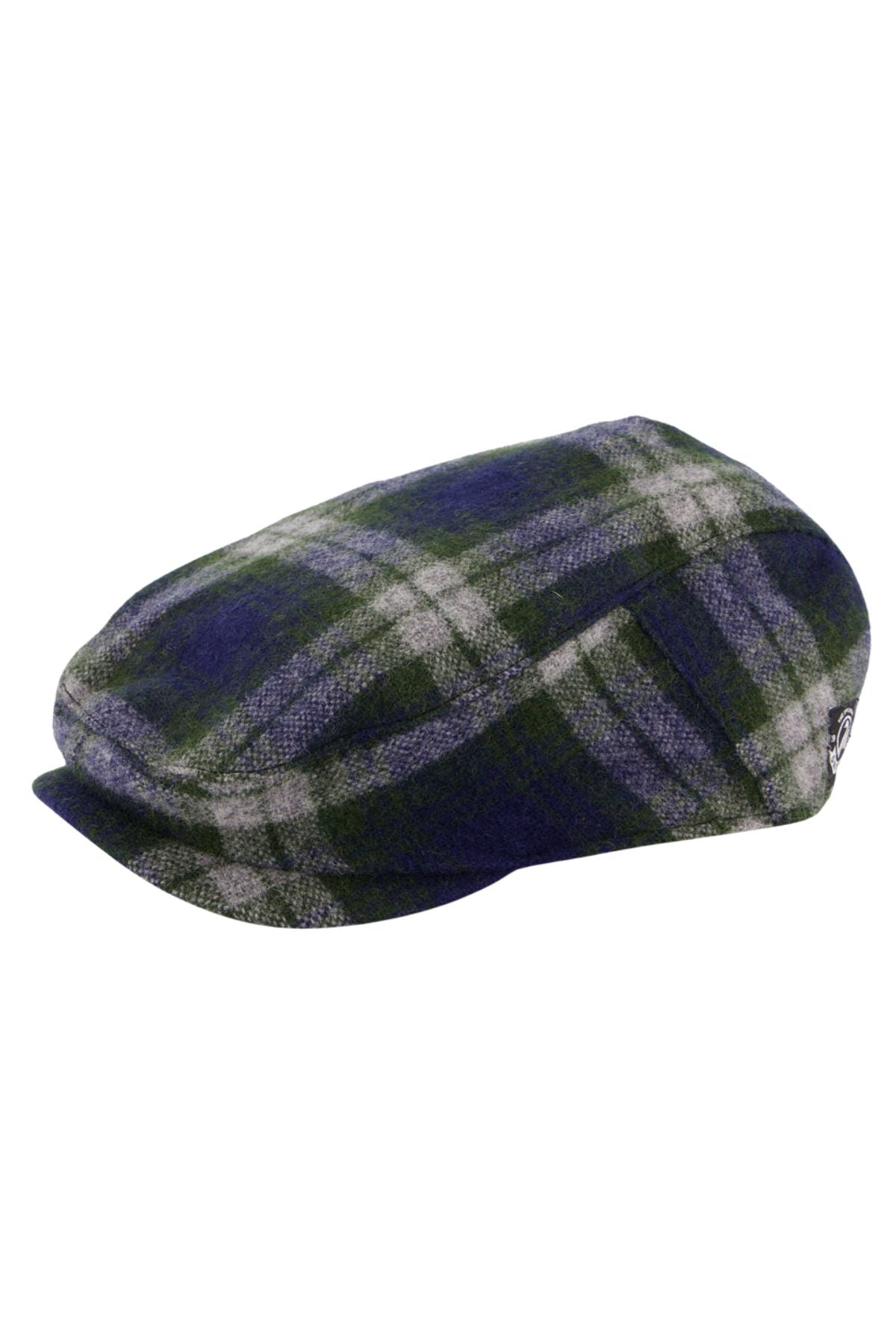 The Swanndri Bristol Flat Cap showcases the Teddington Check in green, blue, and gray plaid merino wool, featuring a soft rounded shape and a short, stiff front brim.
