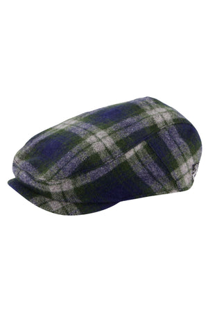 The Swanndri Bristol Flat Cap showcases the Teddington Check in green, blue, and gray plaid merino wool, featuring a soft rounded shape and a short, stiff front brim.