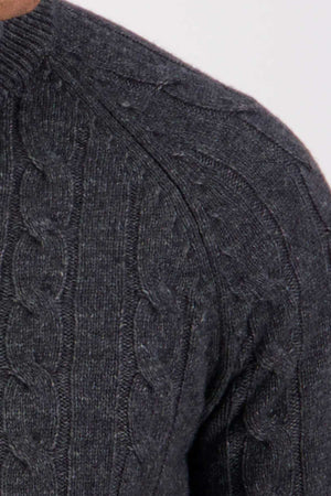 Close-up of the Swanndri Doncaster v2 Zip Cable Knit sweater in dark gray, highlighting its cable-knit texture and ribbed collar on a person's shoulder and upper arm.
