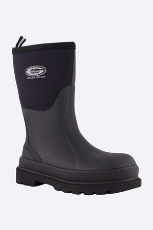 The Grubs Fenline Mid Work Boot is a black and dark gray knee-high rubber boot with a thick sole and rear pull tab. It features a logo on the upper and is designed for maximum safety, offering superior grip in wet or muddy conditions.
