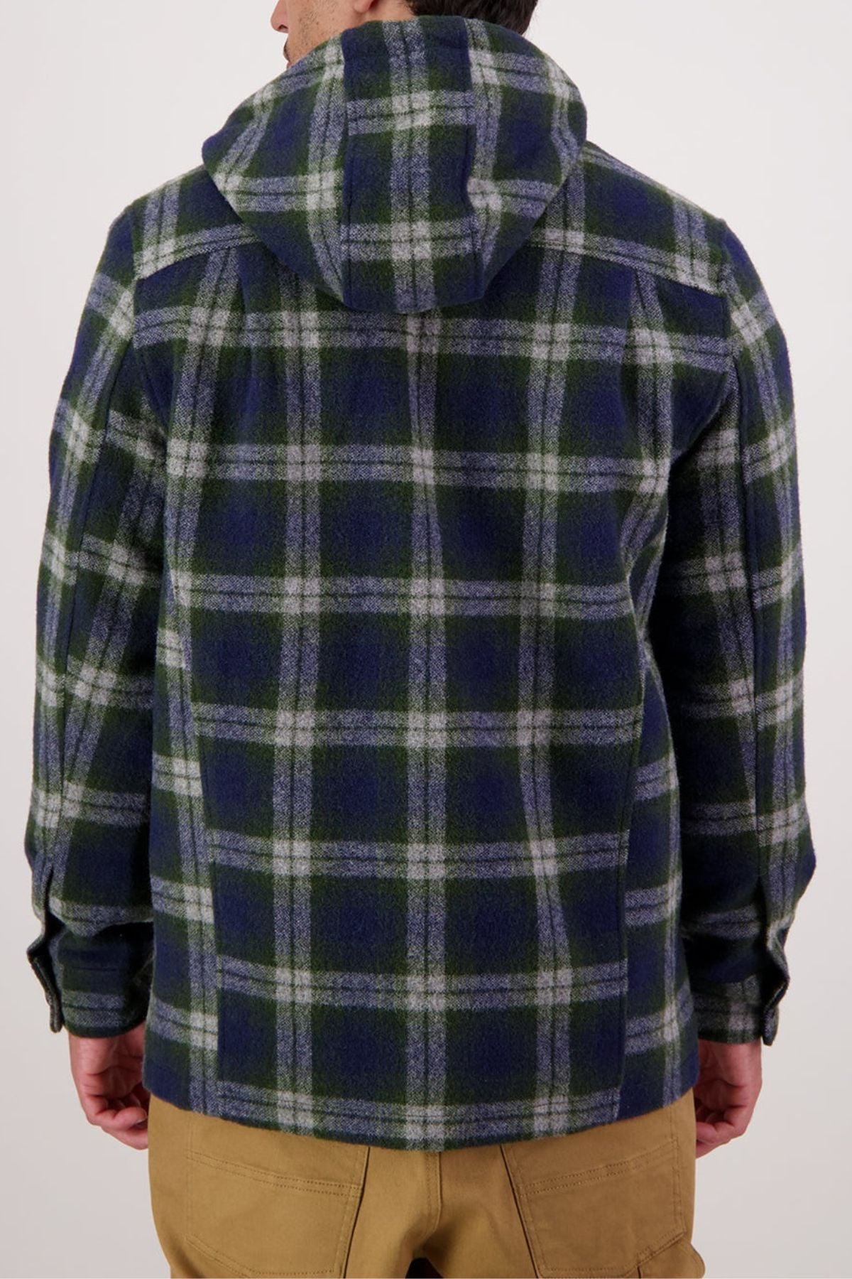 A person is shown from the back against a plain white background wearing a blue, green, and white plaid Swanndri Hudson Hoodie and tan pants.