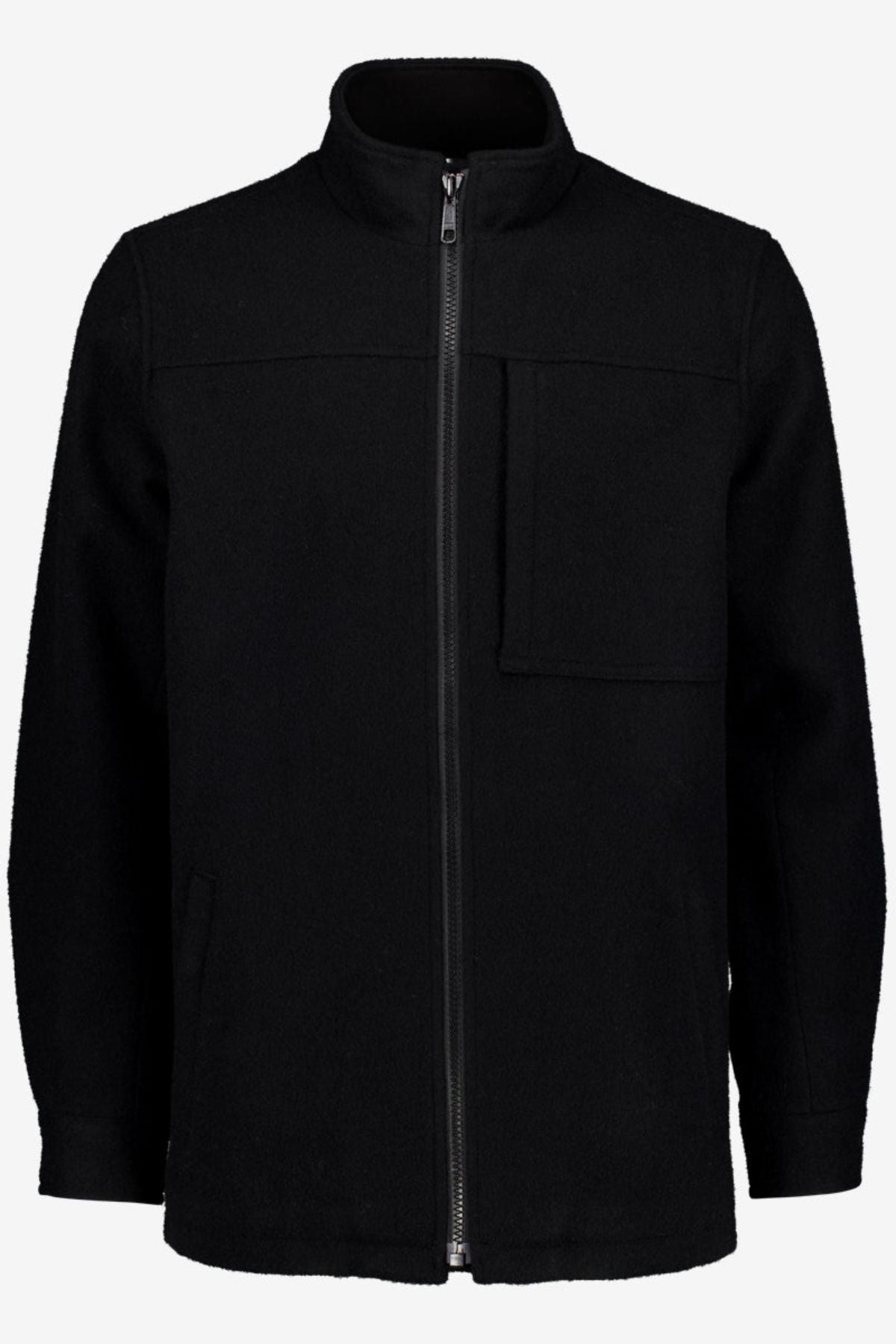 The Swanndri Hudson Jacket is a black zip-up with high collar, long sleeves, and premium New Zealand wool. Its minimalist design includes a vertical zipper and two pockets—ideal for stylish outdoor wear.