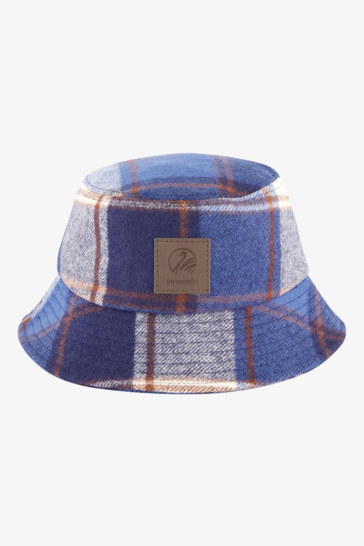 The Swanndri Kaimai Wool Bucket Hat features blue and brown plaid, a wide brim, and a front brown rectangular logo patch—ideal for your next outdoor adventure.
