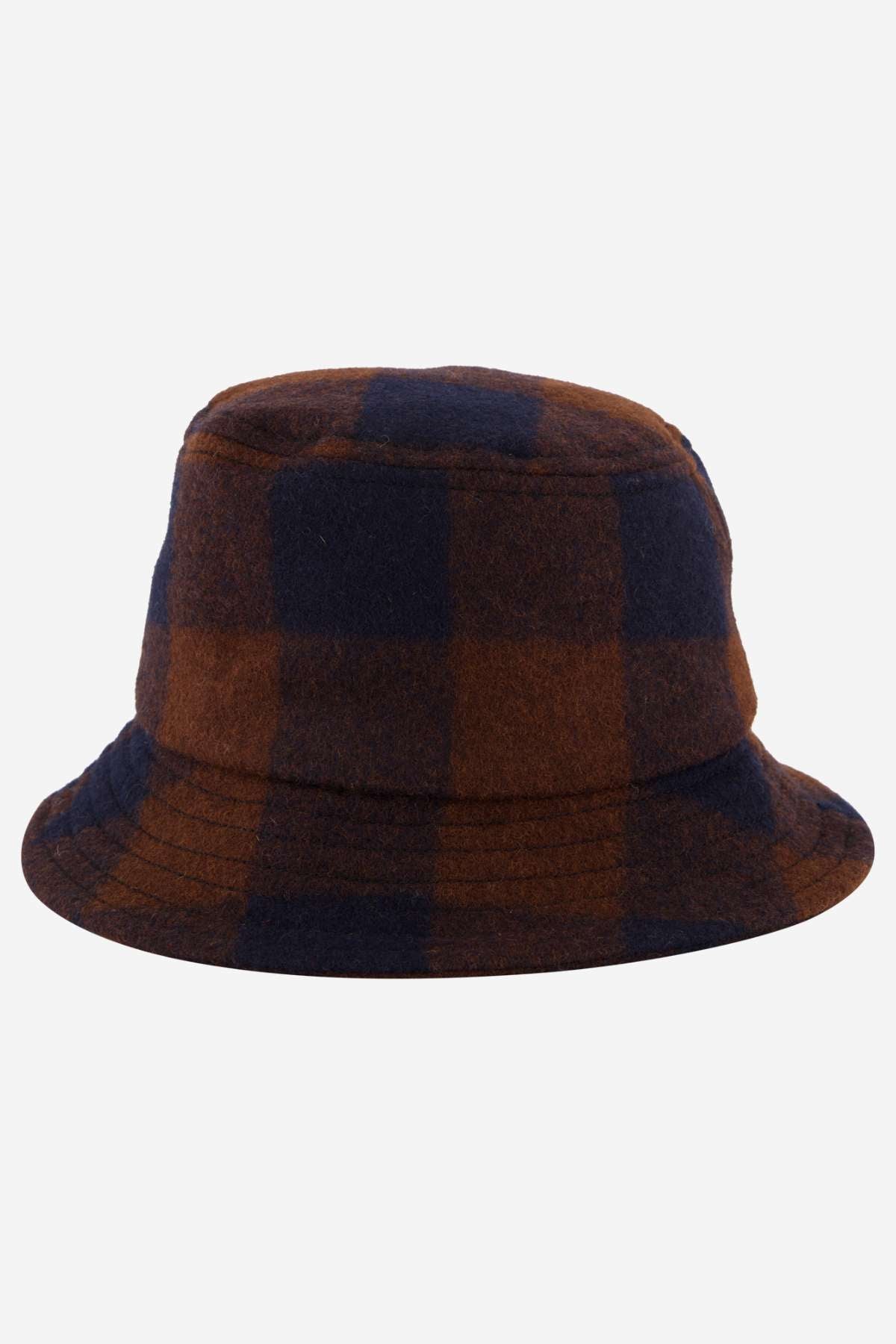 The Swanndri Kaimai Wool Bucket Hat sports a brown and dark blue checkered design on a white background, ideal for your outdoor adventures.