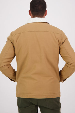 A person with short hair stands facing away, wearing the Swanndri Kaituna Canvas Jacket in tan with Sherpa lining and green pants against a plain light background.