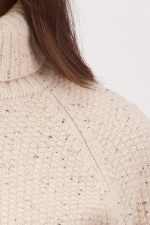 Close-up of a person wearing a cream, speckled Swanndri Lyttelton v2 Roll Neck Knit. Only the neck, shoulder, and hair are visible against a plain light background.