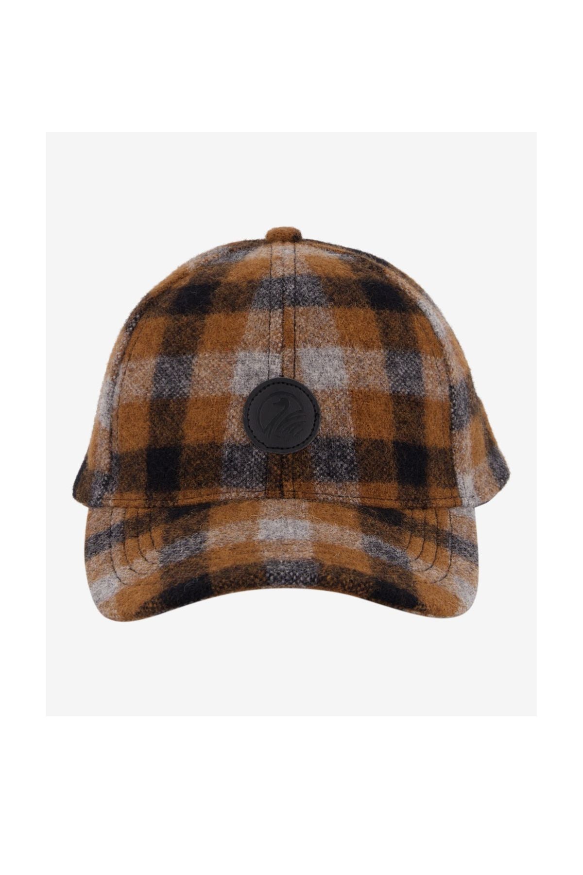 The Swanndri Swanni Wool Check Baseball Cap features brown, black, and gray plaid, a curved brim, and a round black patch on the front—perfect for adding classic style to your casual outfits.