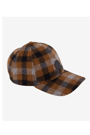 The Swanndri Swanni Wool Check Baseball Cap features a brown, black, and gray plaid design with a round black front patch, shown on a plain white background.