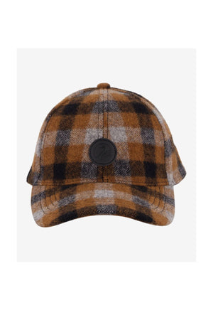 The Swanndri Swanni Wool Check Baseball Cap features brown, black, and gray plaid, a curved brim, and a round black patch on the front—perfect for adding classic style to your casual outfits.