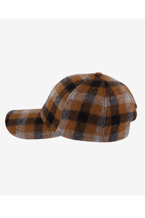Swanndri Swanni Wool Check Baseball Cap in brown, black, and white checks shown from the side on a plain white background.