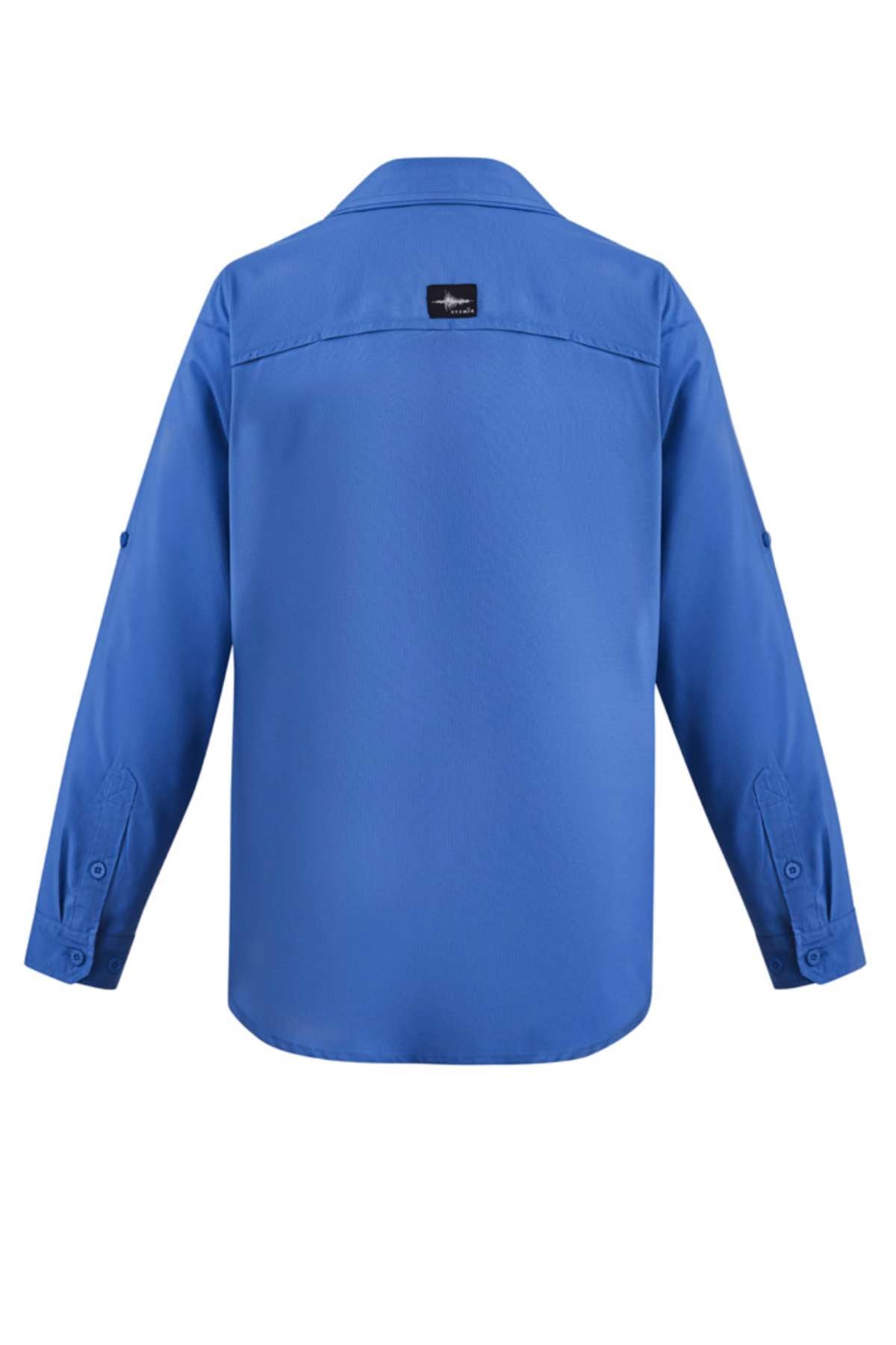 Back view of the Syzmik Long Sleeve Outdoor Shirt in bright blue with a Sun Breaker Collar. It has buttoned cuffs, breathable fabric, and a small black patch at the top center of the back.