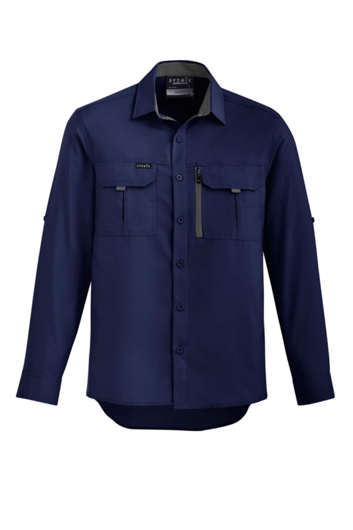 The Syzmik Long Sleeve Outdoor Shirt is a navy button-up with breathable fabric, two chest pockets, one zip pocket, sun/wind breaker collar, and a rounded hem—perfect for casual or work wear.