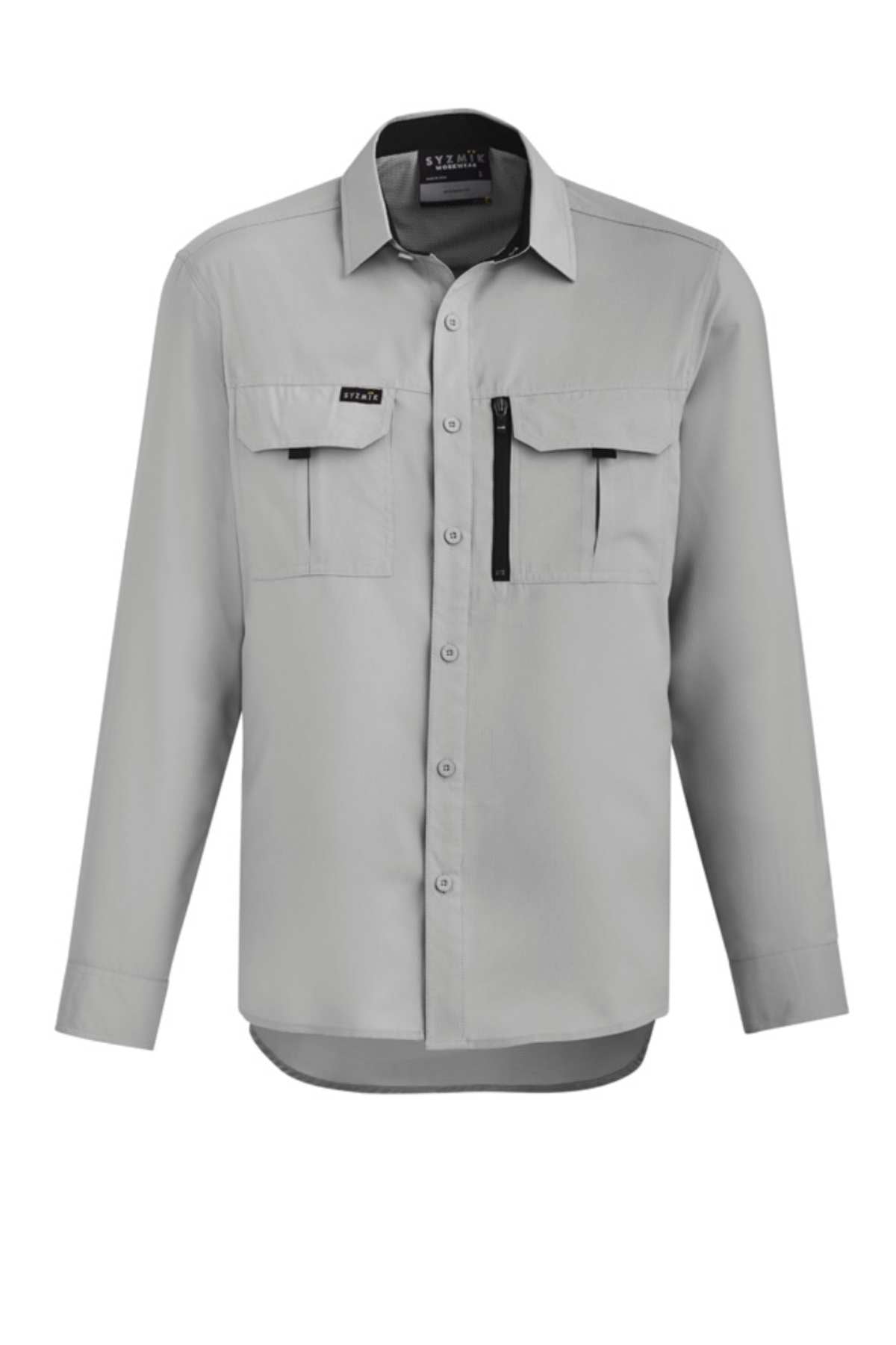 The Syzmik Long Sleeve Outdoor Shirt is light gray, made from breathable fabric, with two chest pockets and a zippered pocket. It features a sun/wind breaker collar, pointed design, and curved hem—ideal for any adventure.