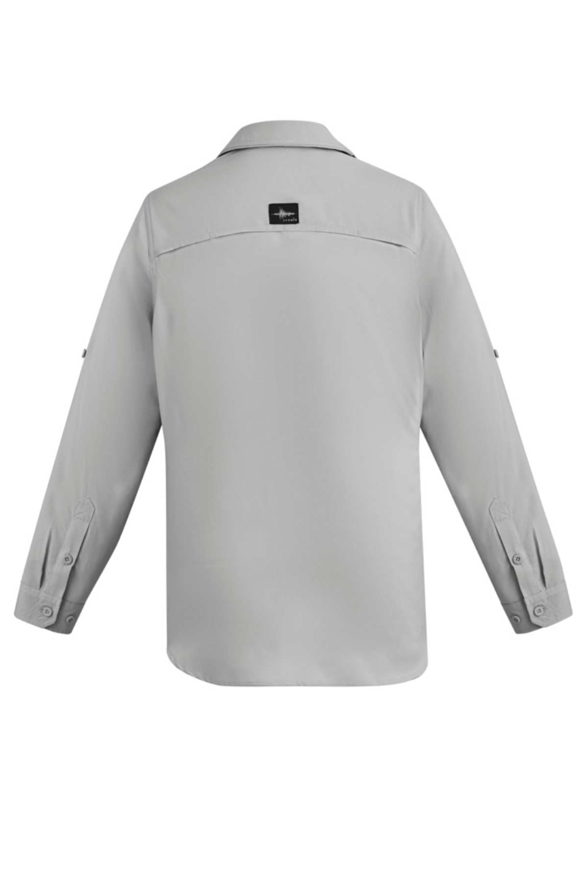 A rear view of the Syzmik Long Sleeve Outdoor Shirt in light gray showcases its breathable fabric, classic collar, buttoned cuffs, and a sun/wind breaker collar. It features a small black logo tag on the upper back with visible seam detailing on the shoulders and sleeves.