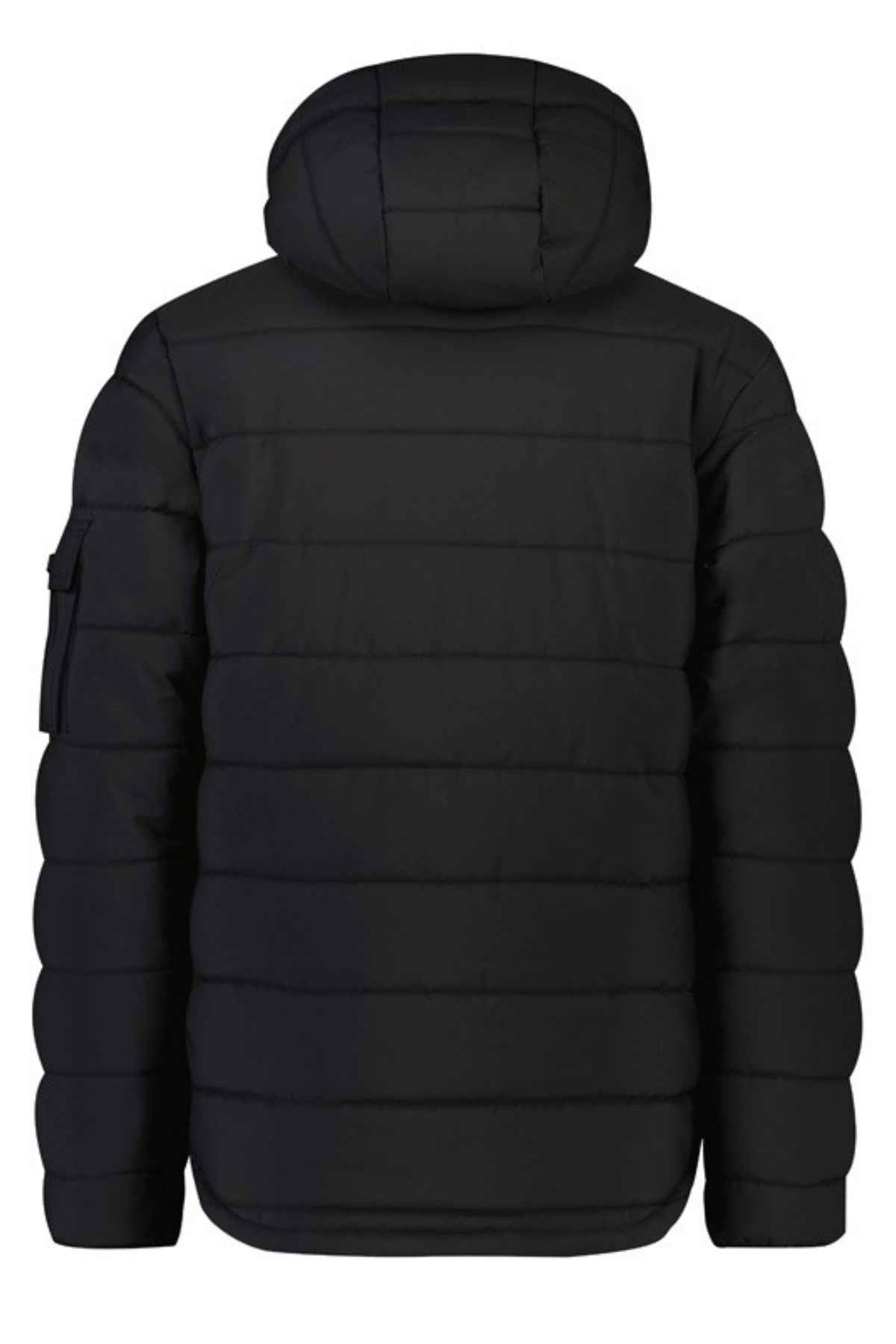 The black Syzmik Streetworx Hooded Puffer Jacket, viewed from the back, has horizontal quilted stitching, a durable ripstop shell, and a left sleeve pocket. The water-resistant fabric keeps you dry in unexpected weather.