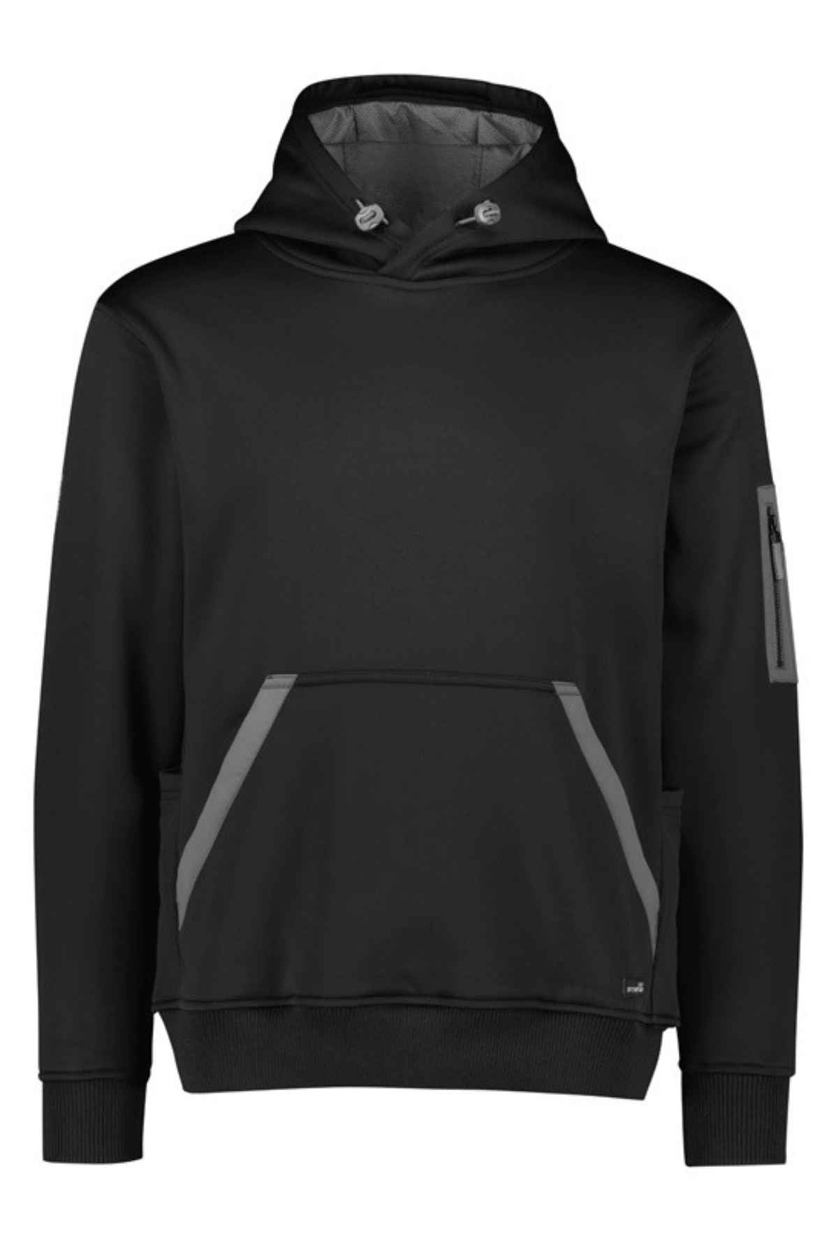 Syzmik Water Resistant Hoodie: A black polyester ripstop hooded sweatshirt with front pocket, grey trim, drawstrings, and a zippered sleeve pocket.
