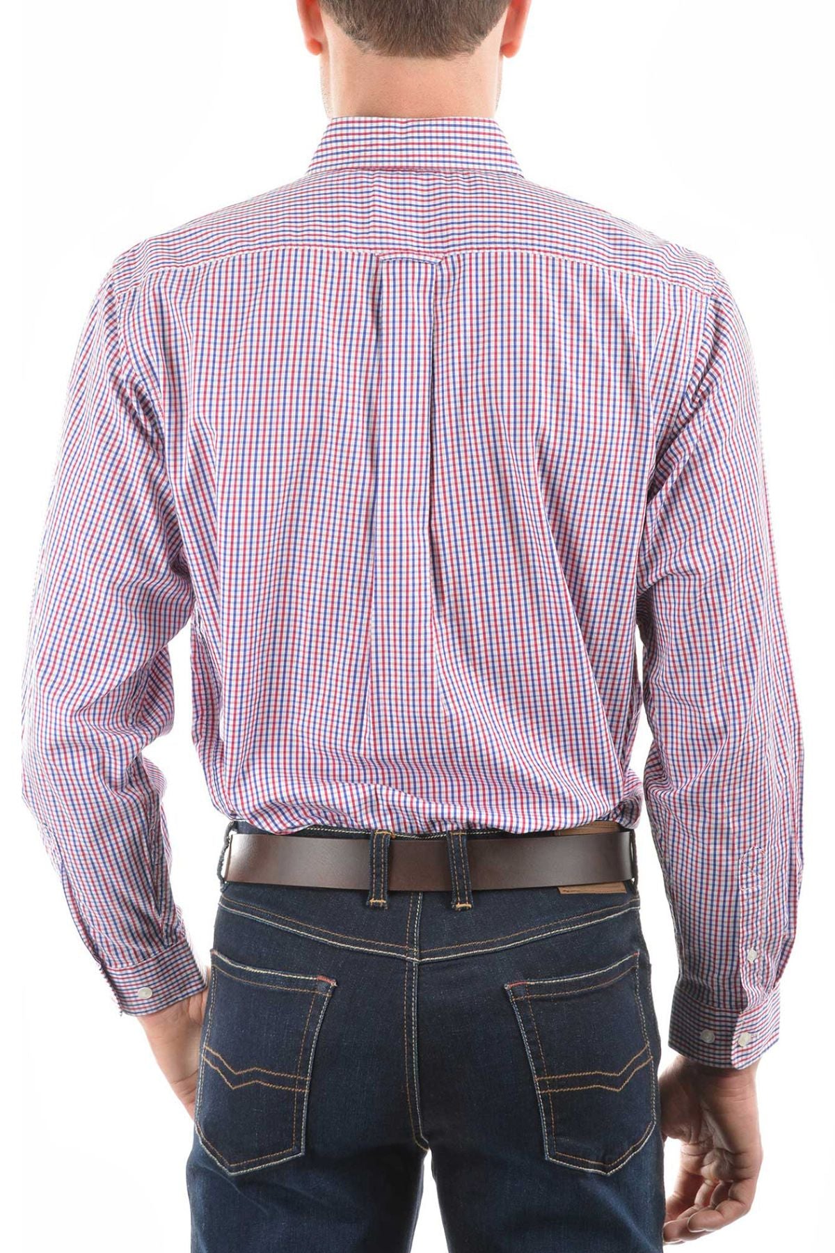 A man is seen from the back wearing the Thomas Cook Wentworth Shirt, featuring a red, white, and blue check pattern in 100% cotton, with dark blue jeans, set against a plain white background.