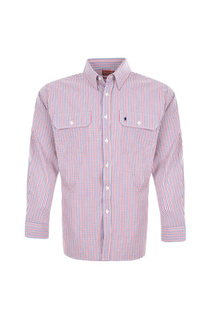 The Thomas Cook Wentworth Shirt is a long-sleeve, 100% cotton button-up featuring a red, white, and blue small check pattern, button-down collar, and two chest pockets with button flaps.