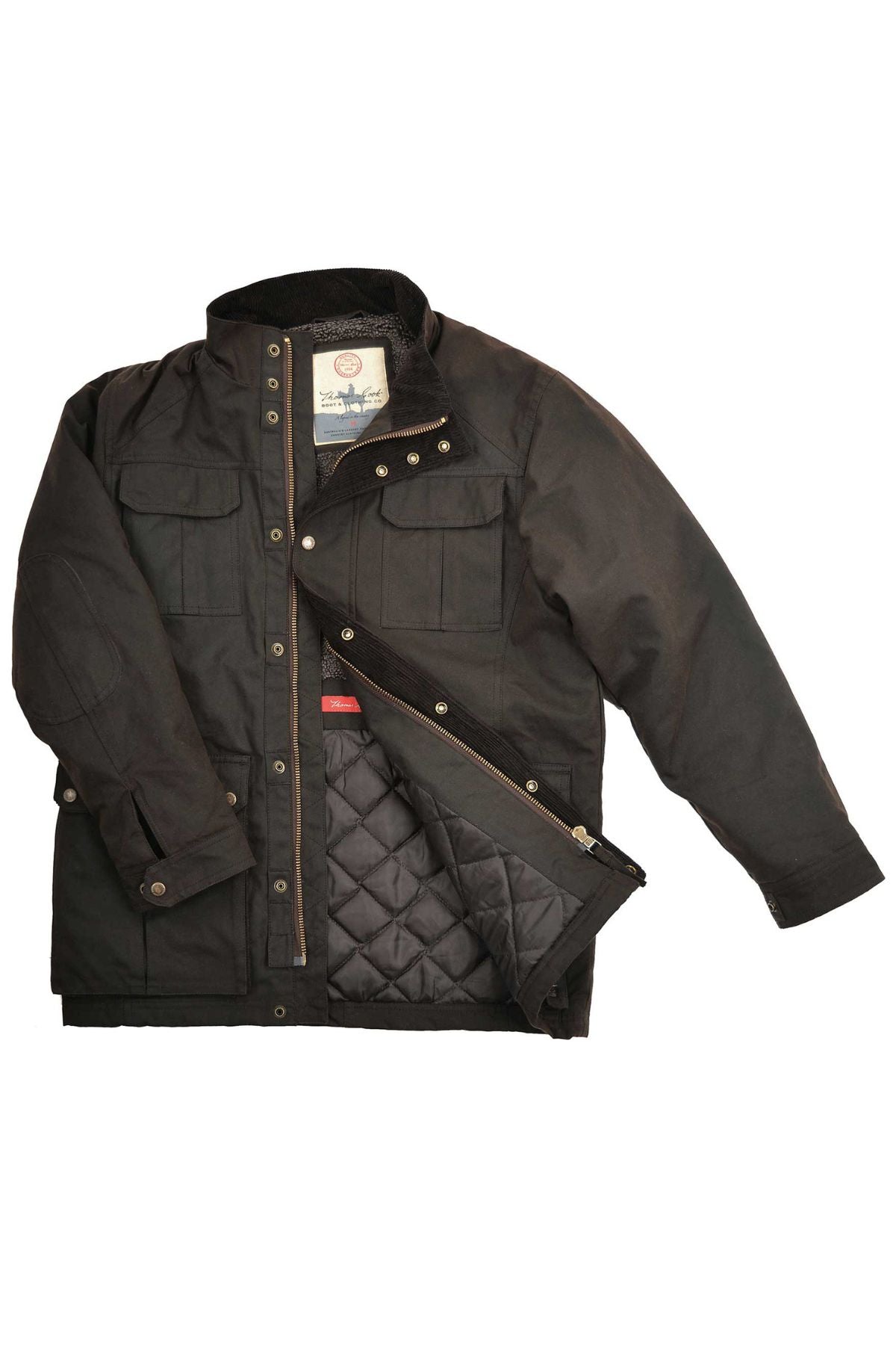A black, long-sleeve Thomas Cook Tarcutta Oilskin Jacket with a high collar, snap buttons, front pockets, and a partially open front showing its quilted lining. The waxed cotton jacket is laid flat on a white background.