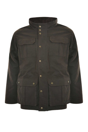 A dark brown, long-sleeve Thomas Cook Tarcutta Oilskin Jacket with a high collar and four front flap pockets, shown against a plain white background.