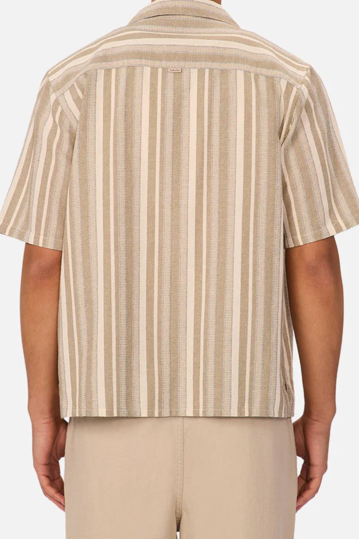 A person wearing the Industrie The Textured Livorno Short Sleeve Shirt, featuring a relaxed fit and beige and white vertical stripes, paired with light tan pants, shown from the back against a plain background.