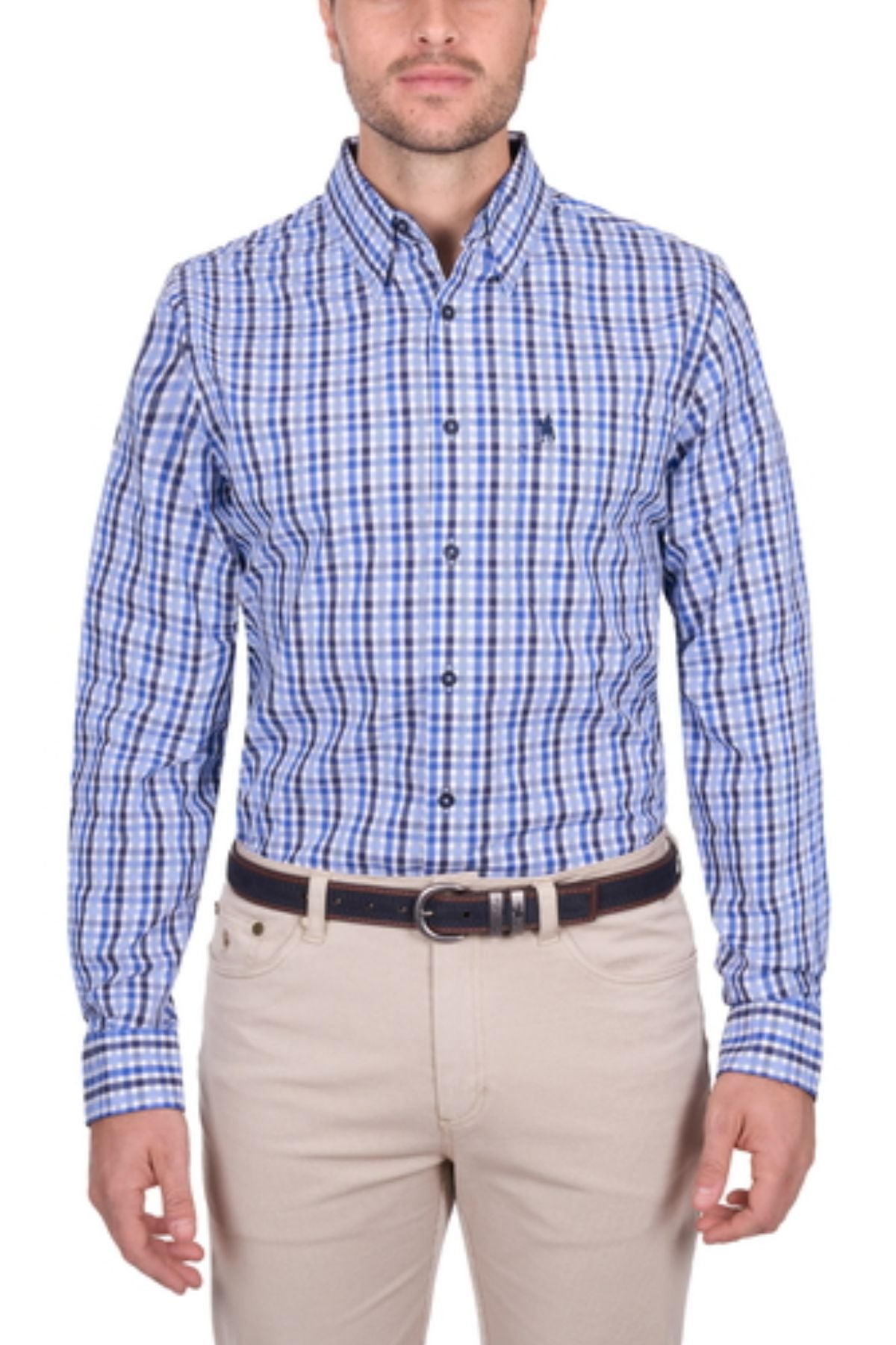 A man wears the Thomas Cook Andrew Shirt—a blue and white checkered cotton long sleeve with an embroidered logo—tucked into beige pants and paired with a dark brown belt for a classic men's everyday style.