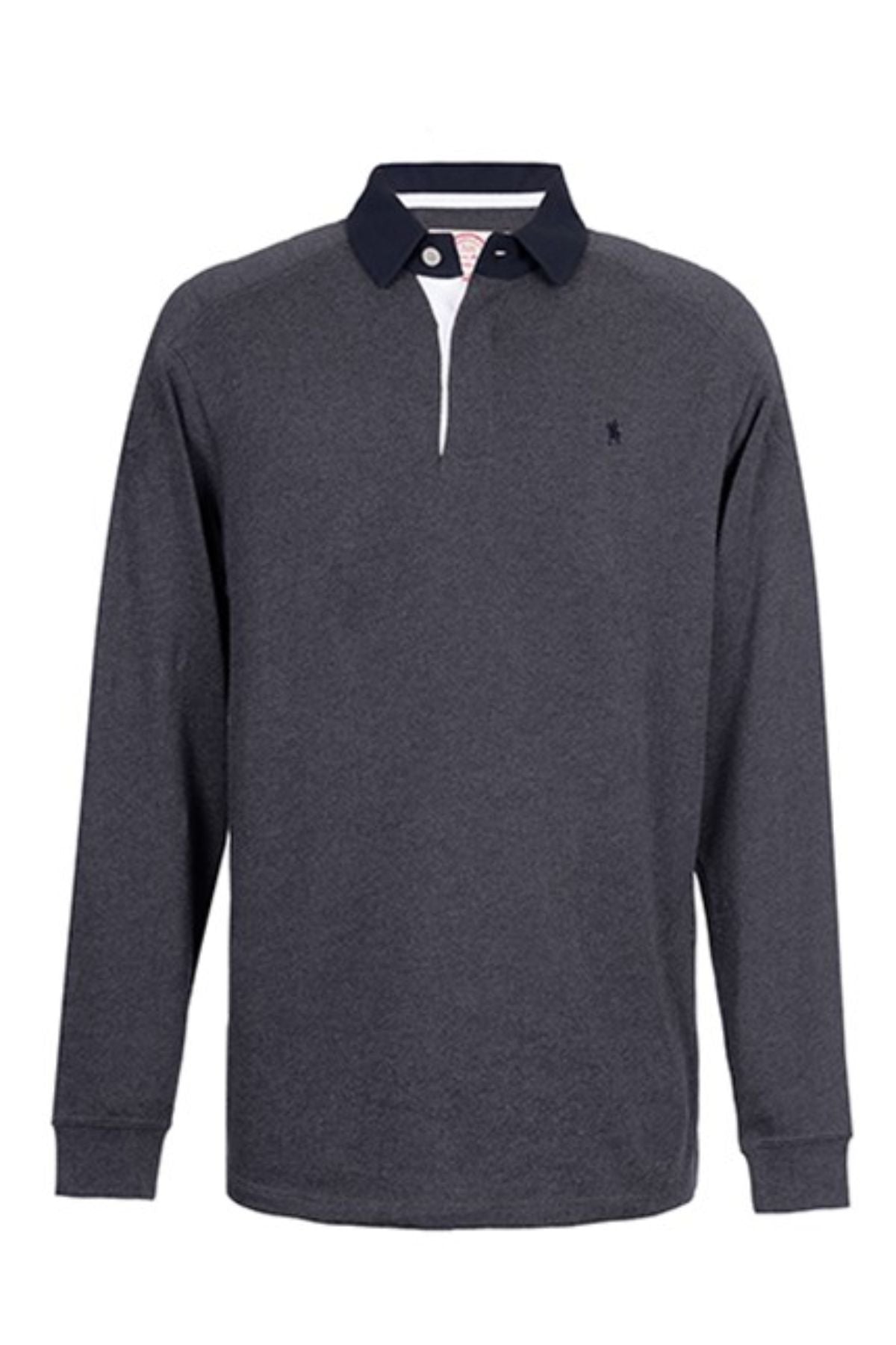 The Thomas Cook Bill Rugby is a relaxed-fit, long-sleeve dark gray cotton jersey shirt with a black collar, two black buttons, ribbed cuffs, and a small embroidered logo on the left chest.