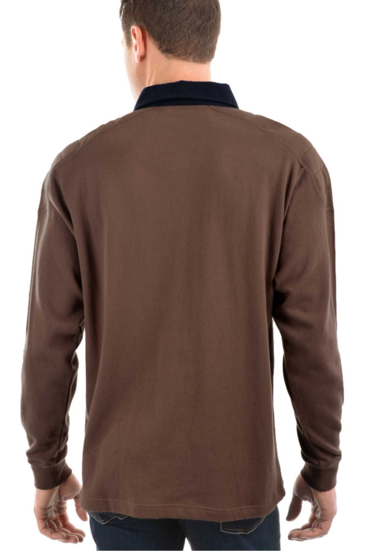 A man is seen from behind wearing the Thomas Cook Bill Rugby jersey featuring a dark collar and paired with dark jeans, set against a white background.