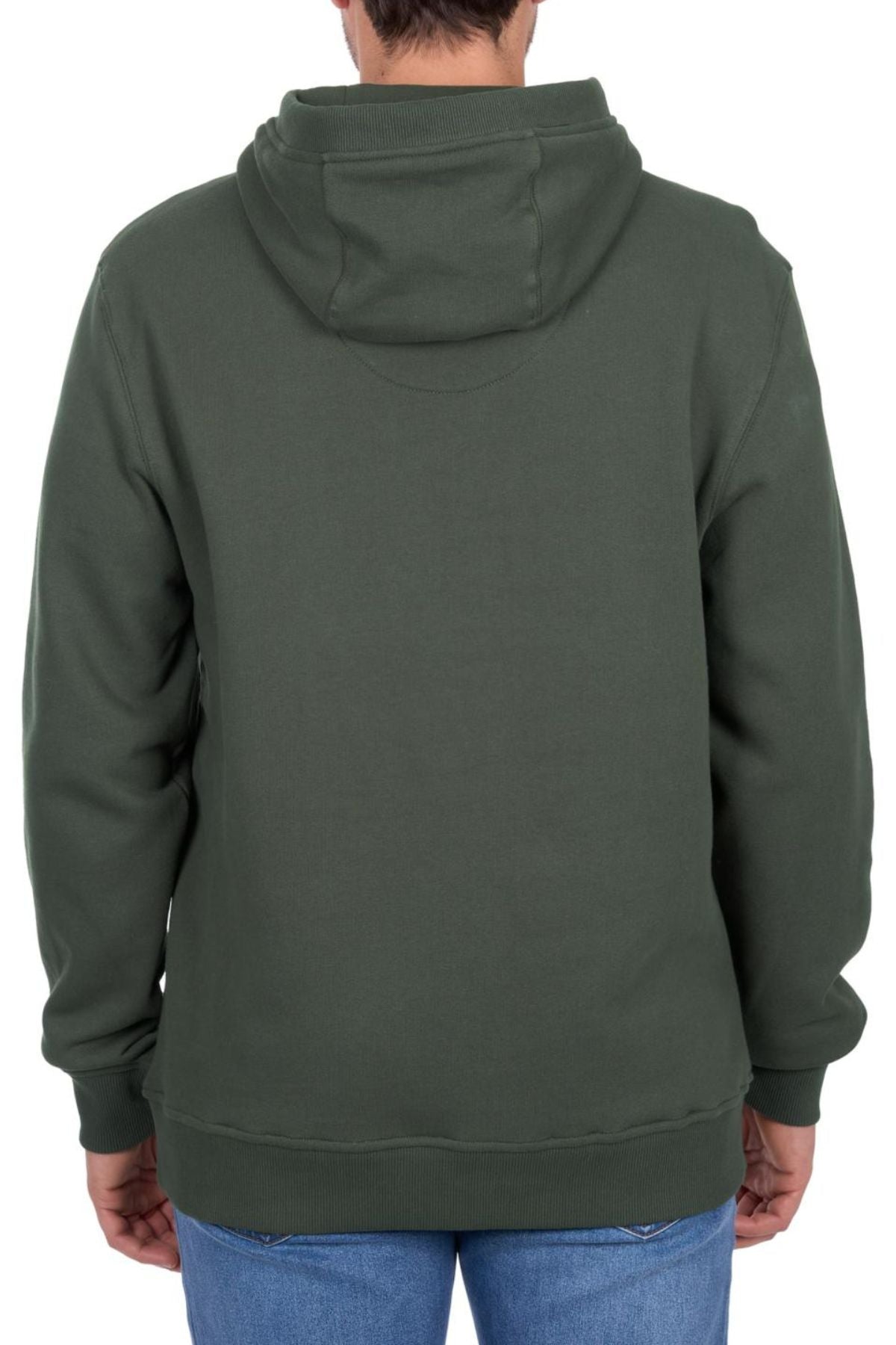 A person is seen from the back in a dark green Thomas Cook Heritage C N C Hoodie and blue jeans, standing against a plain white background.