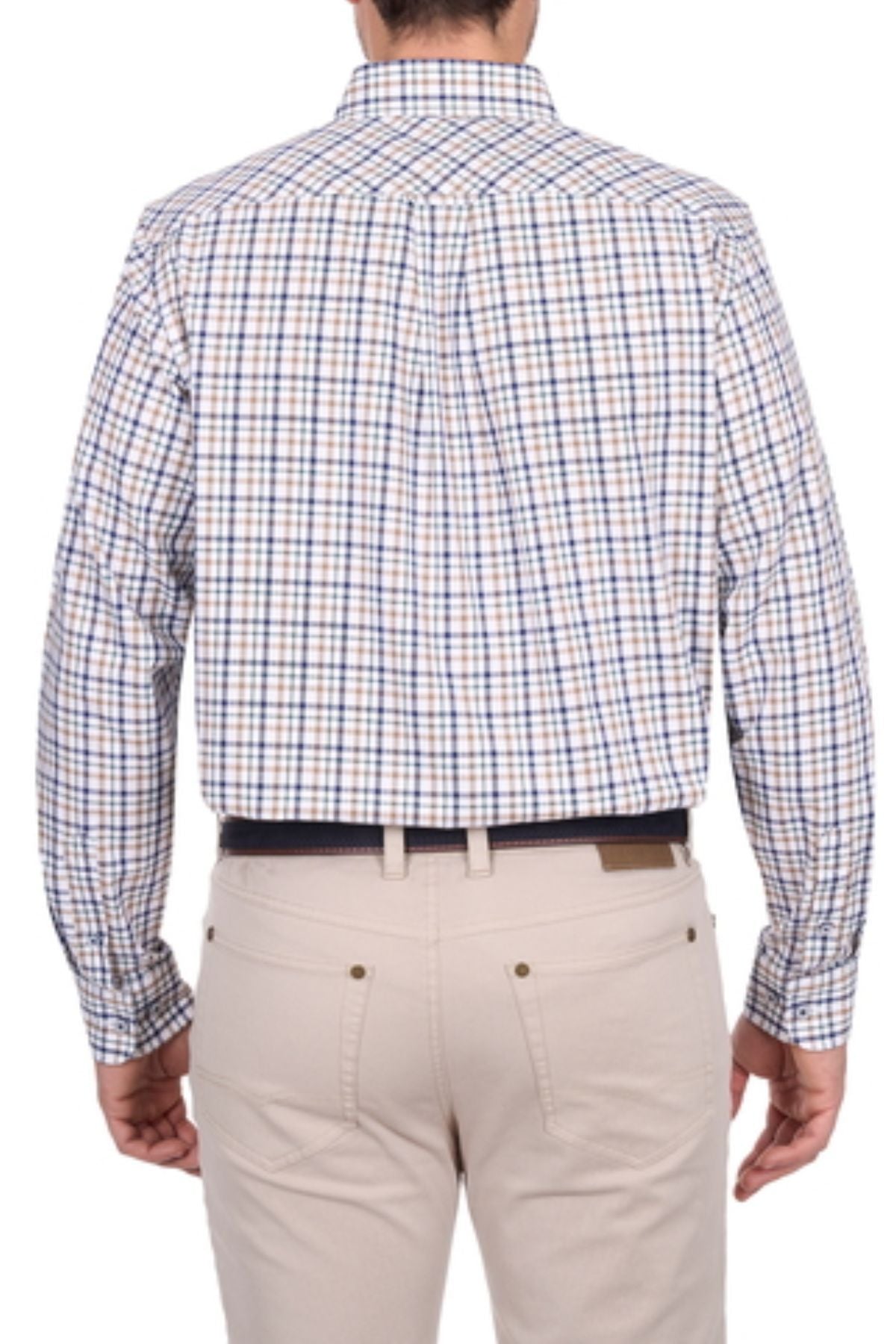 A man is seen from the back wearing a Thomas Cook Chad Shirt, featuring a blue and white plaid pattern, paired with light beige pants.