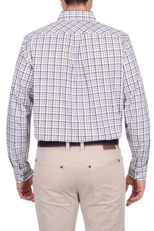 A man is seen from the back wearing a Thomas Cook Chad Shirt, featuring a blue and white plaid pattern, paired with light beige pants.