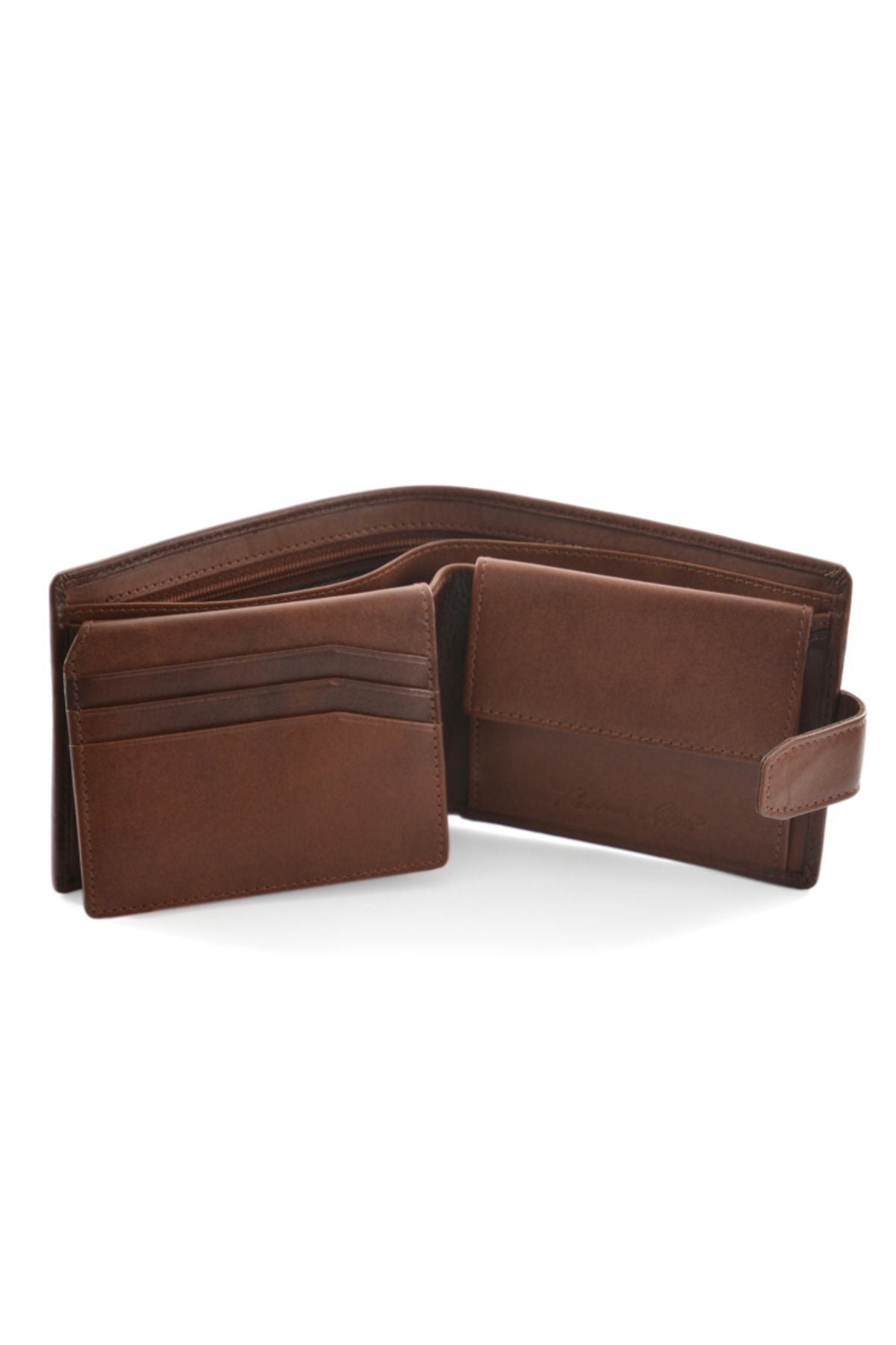 The Thomas Cook Cootamundra Bi Fold Wallet is open, showing multiple card slots, a removable cardholder insert, smooth finish, RFID PROTECT lining, and a right-side buttoned flap compartment.