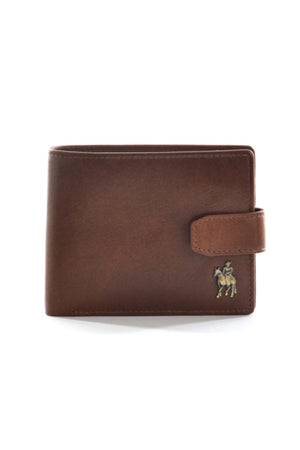 The Thomas Cook Cootamundra Bi Fold Wallet, featuring brown leather, a snap closure, and a small metallic horse and rider emblem in the bottom right corner, is displayed against a white background.