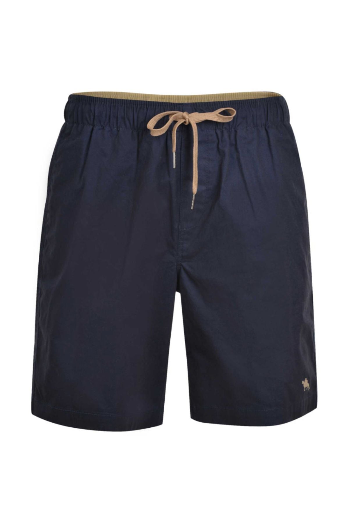 The Thomas Cook Darcy Short swim shorts come in navy blue with an elasticated waist, beige drawstring, and a small embroidered animal logo on the left leg. Made from 100% cotton, they offer a simple, classic design in lightweight fabric.