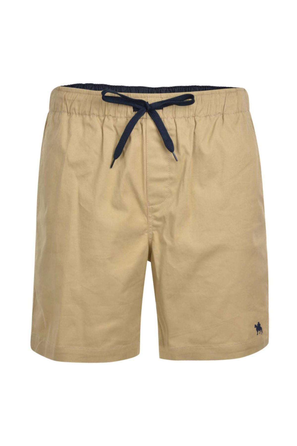 The Thomas Cook Darcy Short features tan cotton fabric, a navy elasticated waist, navy drawstring, and a small navy animal logo on the front left leg—ideal for casual comfort.
