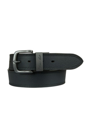 The Thomas Cook Denver Reversible Belt features black genuine leather, a silver buckle, textured finish, and a small engraved metal tag near the buckle. The belt is shown neatly rolled up.