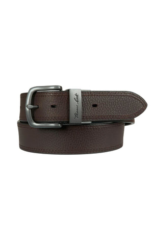 The Thomas Cook Denver Reversible Belt is a genuine leather accessory with a textured brown finish, silver buckle, and engraved metal detail. Presented rolled up neatly with the pointed end facing outward.