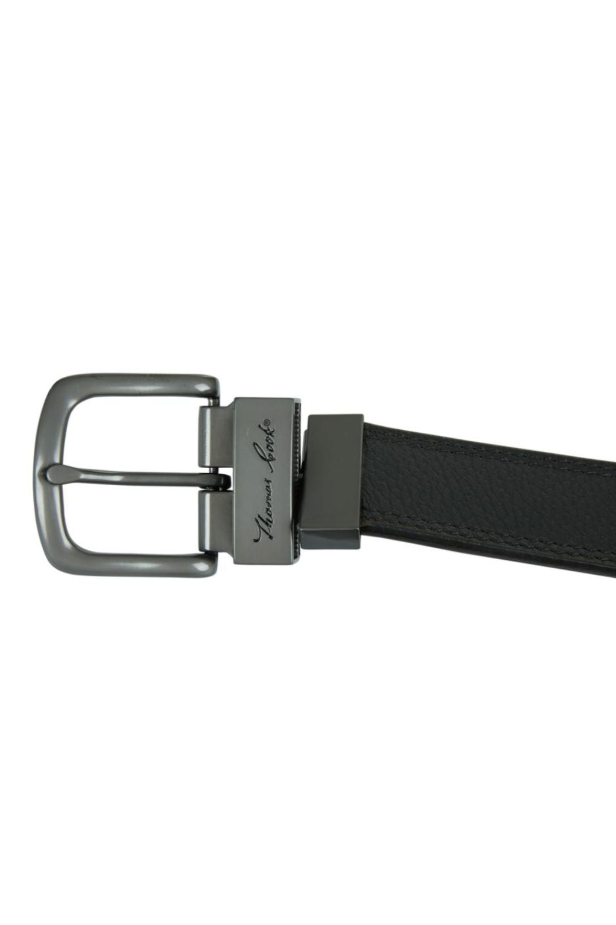 A close-up of the Thomas Cook Denver Reversible Belt, featuring black genuine leather and a metallic buckle. This sleek, modern accessory is perfect for any look.
